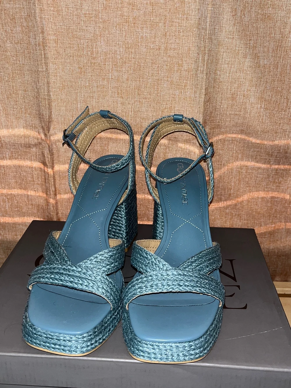 Womens Teal Woven Platform Sandals with Ankle Strap